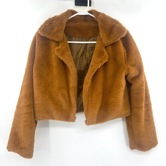 Jackets & Blazers - Faux Fur Camel Beige Open Front Cropped Jacket Women's Small